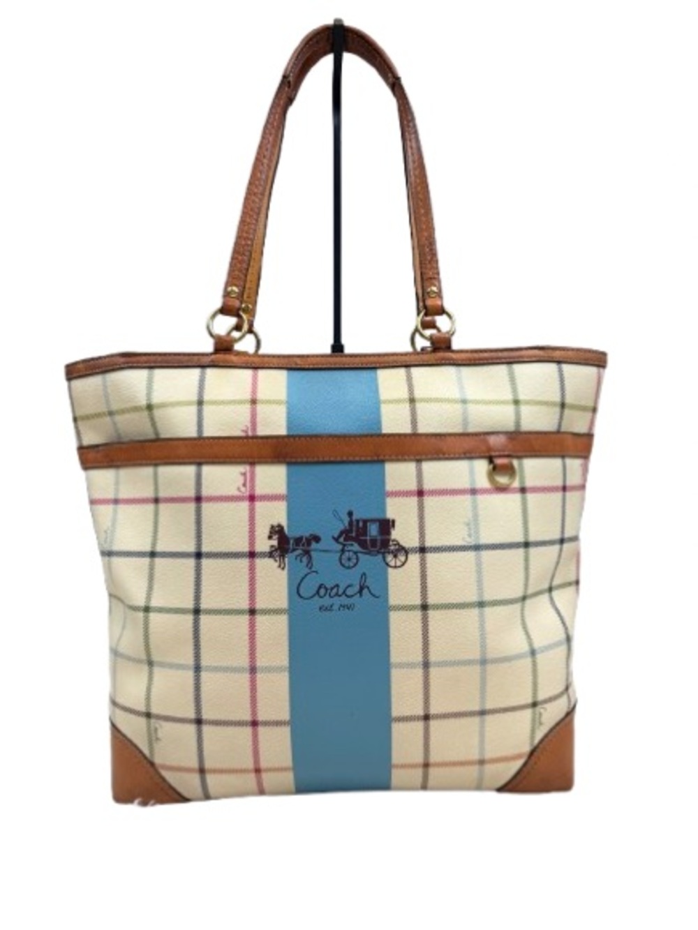 Vintage Coach Tattersall Plaid Large Tote Blue Stripe Leather Trim Y2K Bag